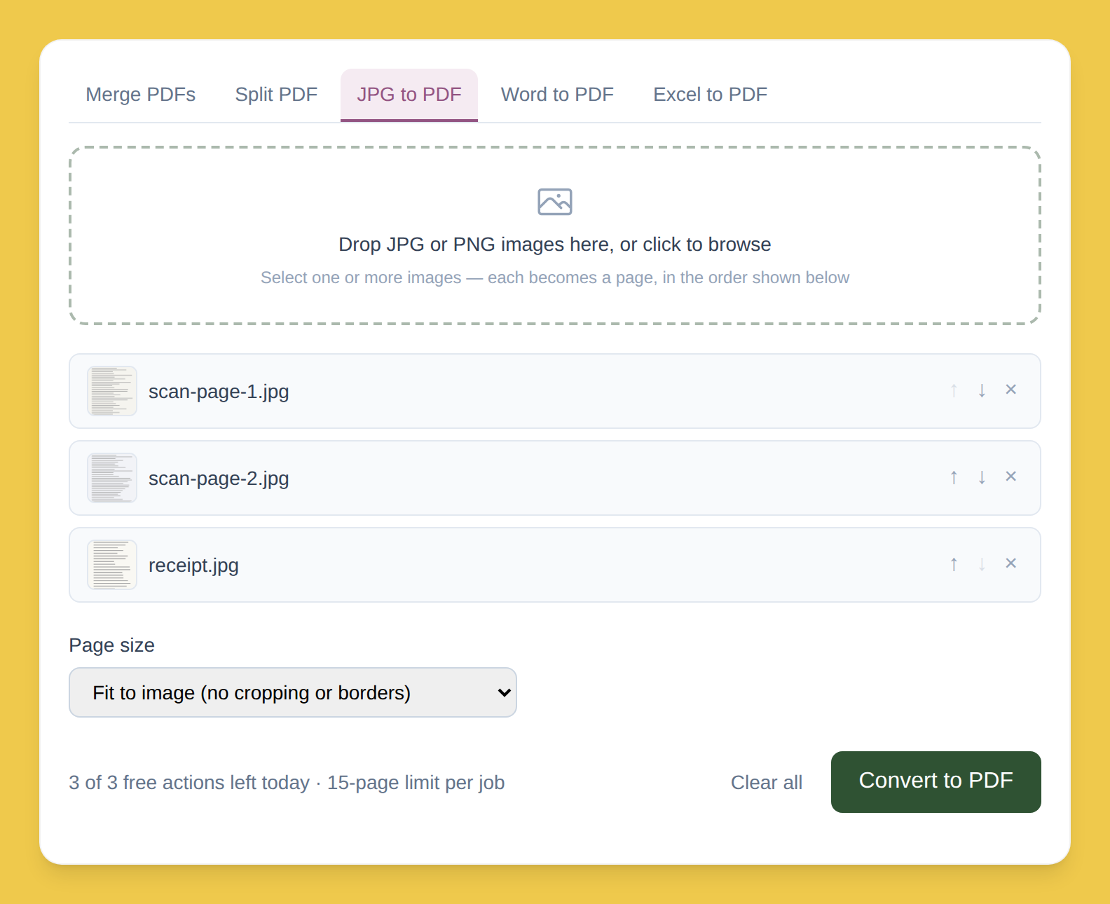 PDFLite JPG to PDF tool with three images loaded, reorder arrows visible, and a page size selector