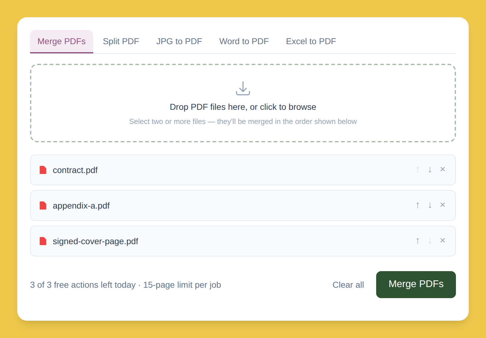 PDFLite merge tool with three PDF files loaded, ready to reorder and merge