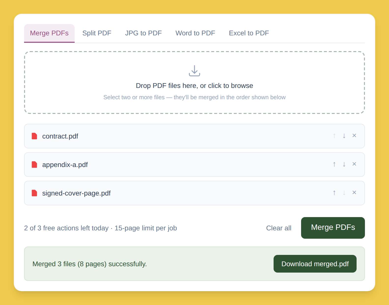 PDFLite showing a successfully merged PDF ready to download