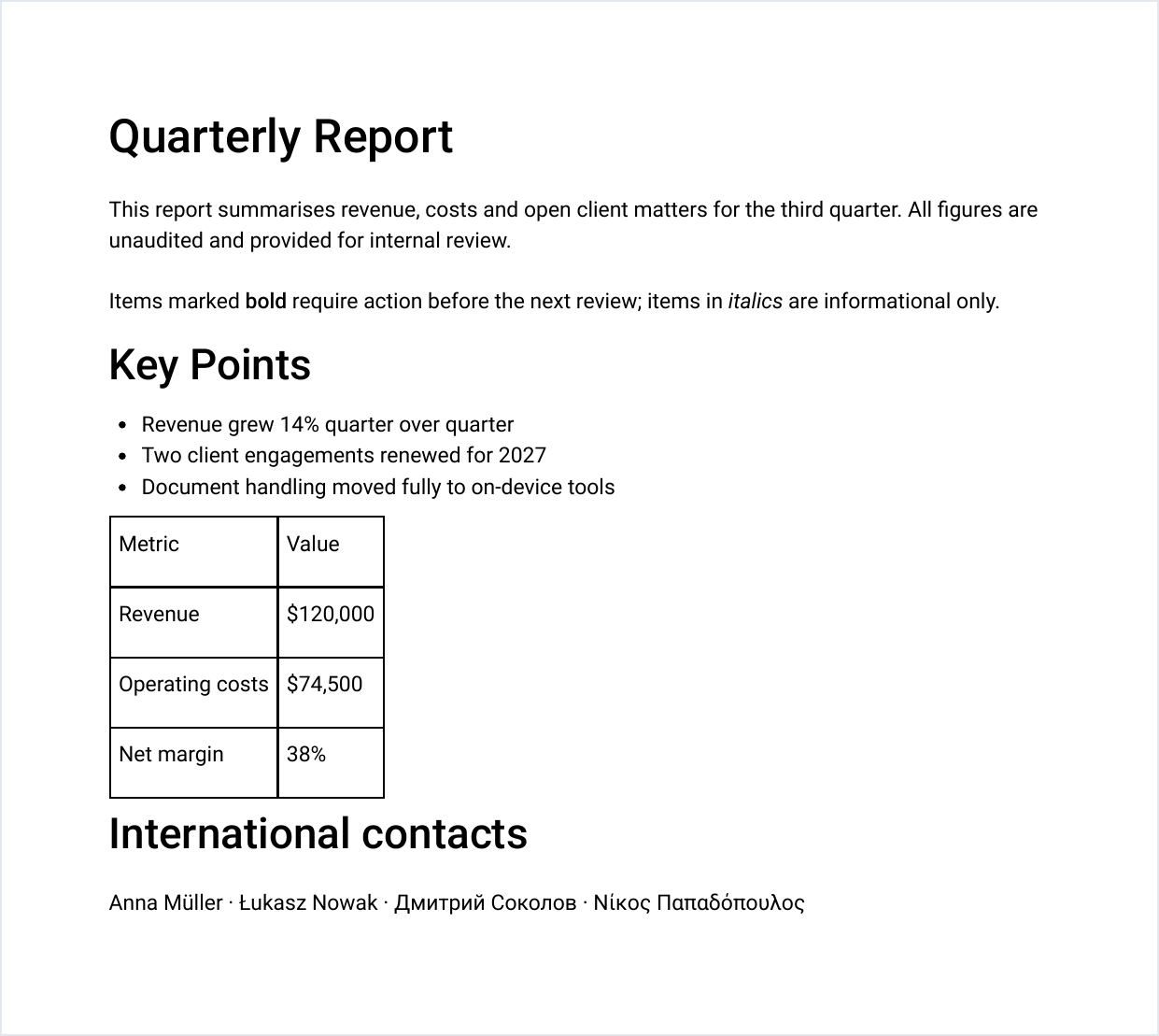 Example PDF converted from a Word document, showing a heading, bold and italic text, a bulleted list, a table, and names in German, Polish, Cyrillic and Greek script all preserved